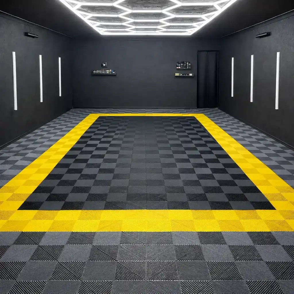 Black and grey checkered PVC interlocking tiles in Dubai residential garage