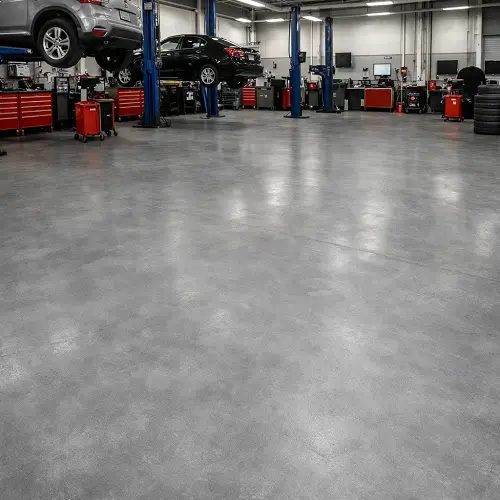 Decorative microcement flooring with custom metallic finish in UAE automotive showroom