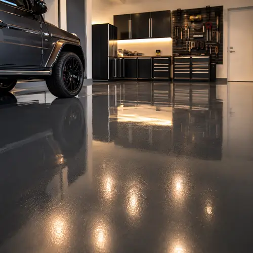 Spray-applied polyurea garage coating with glossy finish in UAE garage