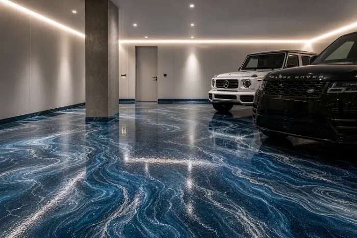 Mirror-finish metallic epoxy garage flooring in luxury UAE villa with ocean blue and silver marble-swirl pigment design