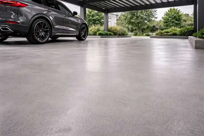 Epoxy garage floor painting application with smooth glossy finish