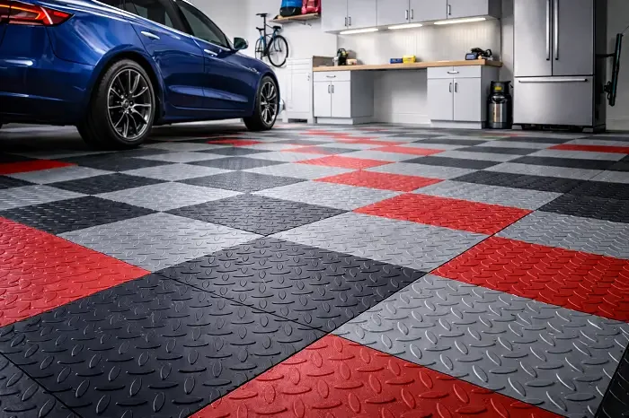 Black and red checkered PVC garage flooring tiles installed in Dubai villa