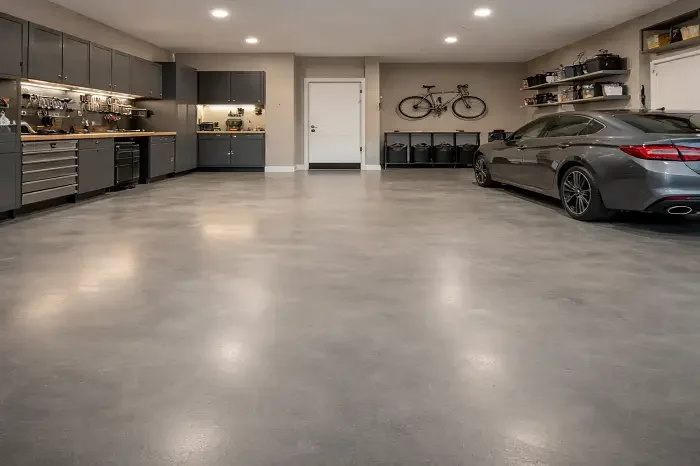 Smooth finish microcement garage flooring with satin texture in luxury Dubai villa