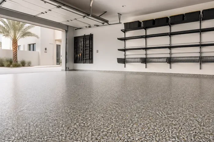 Decorative flake epoxy garage flooring in luxury UAE villa with multi-color flake blend